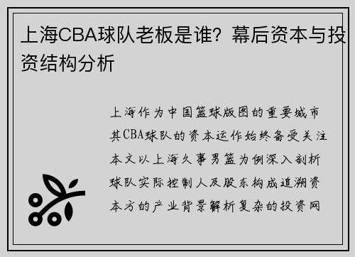 上海CBA球队老板是谁？幕后资本与投资结构分析