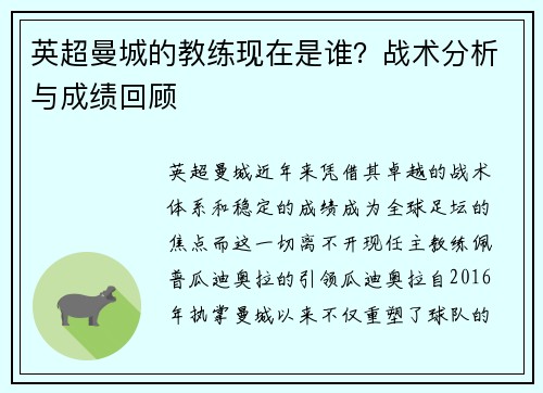 英超曼城的教练现在是谁？战术分析与成绩回顾