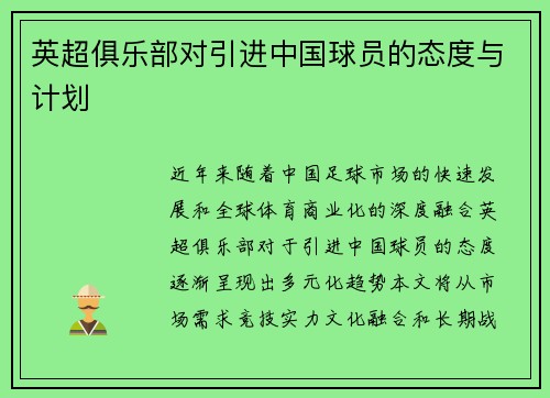 英超俱乐部对引进中国球员的态度与计划